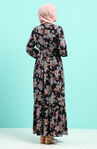 Viscose Floral Patterned Belt Dress 4548-03 Black Dry Rose 4548-03