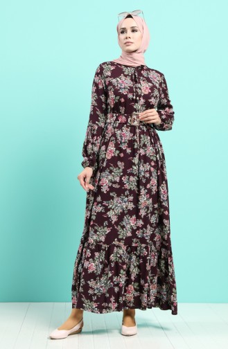 Viscose Floral Patterned Belt Dress 4548-04 Damson 4548-04