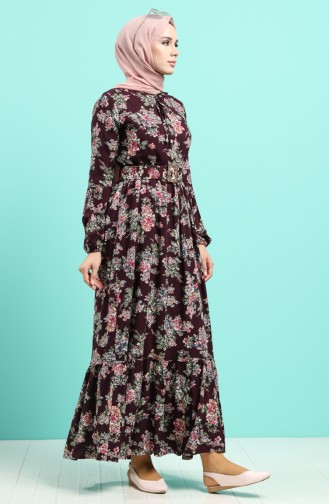 Viscose Floral Patterned Belt Dress 4548-04 Damson 4548-04