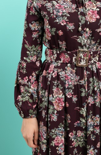 Viscose Floral Patterned Belt Dress 4548-04 Damson 4548-04