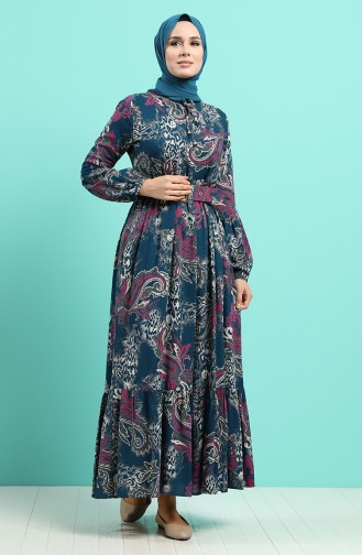 Viscose Floral Print Belt Dress 4549-01 Petrol 4549-01