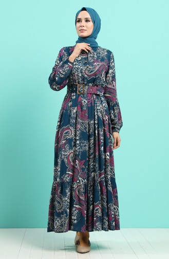 Viscose Floral Print Belt Dress 4549-01 Petrol 4549-01