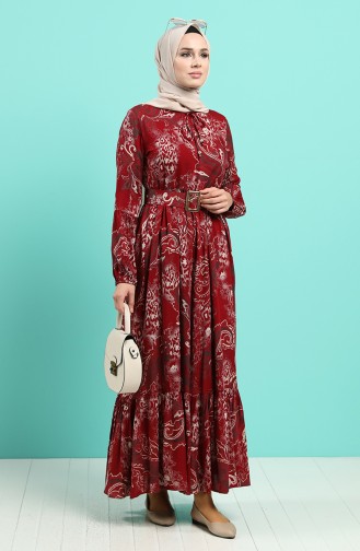 Viscose Floral Patterned Belt Dress 4549-02 Burgundy 4549-02