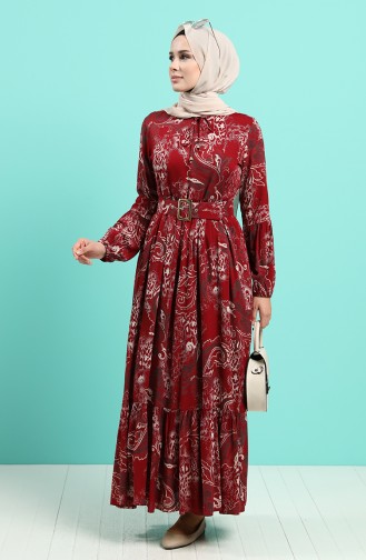 Viscose Floral Patterned Belt Dress 4549-02 Burgundy 4549-02