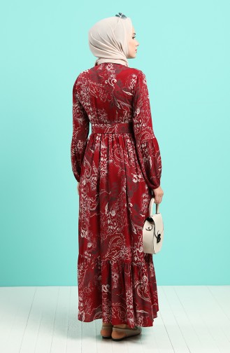 Viscose Floral Patterned Belt Dress 4549-02 Burgundy 4549-02