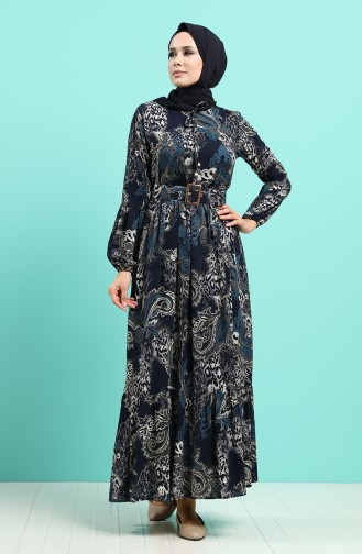 Viscose Floral Print Belt Dress 4549-03 Navy Blue 4549-03