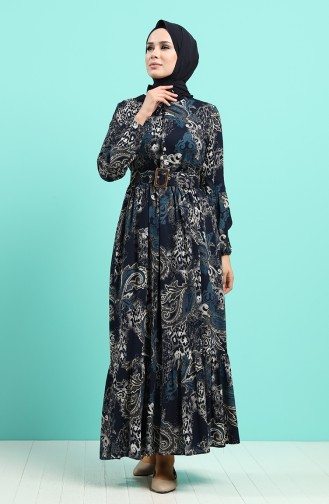 Viscose Floral Print Belt Dress 4549-03 Navy Blue 4549-03