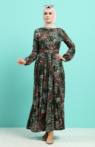 Viscose Floral Print Belt Dress 4549-04 Emerald Green 4549-04