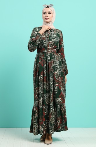 Viscose Floral Print Belt Dress 4549-04 Emerald Green 4549-04