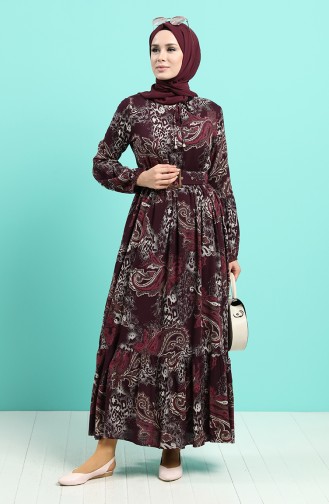 Viscose Floral Patterned Belt Dress 4549-05 Damson 4549-05