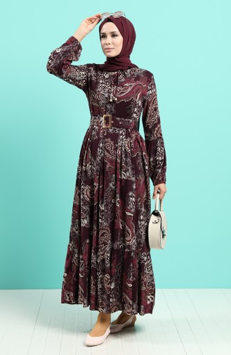 Viscose Floral Patterned Belt Dress 4549-05 Damson 4549-05