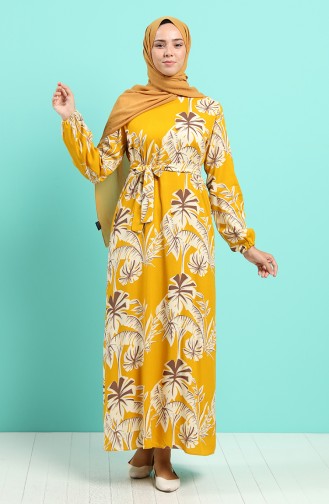 Elastic Sleeve Belted Dress 0045-04 Dark Mustard 0045-04