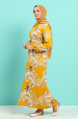 Elastic Sleeve Belted Dress 0045-04 Dark Mustard 0045-04