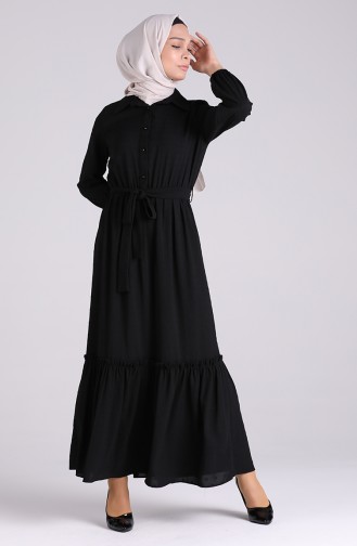 Büzgülü Kuşaklı Elbise 3196-03 Siyah
