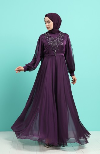 Embroidered Detailed Evening Dress 52777-04 Purple 52777-04