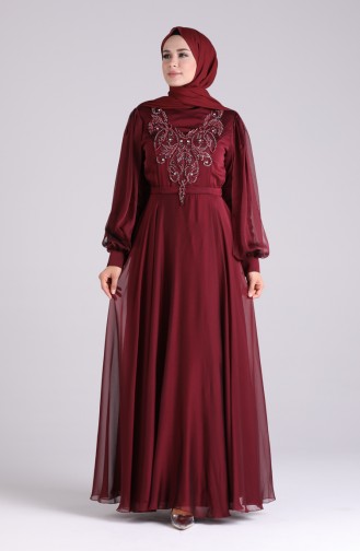 Embroidered Detailed Evening Dress 52777-05 Burgundy 52777-05