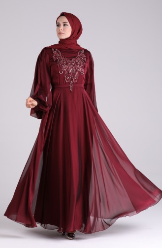 Embroidered Detailed Evening Dress 52777-05 Burgundy 52777-05