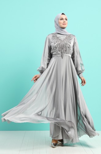 Embroidered Detailed Evening Dress 52777-07 Gray 52777-07