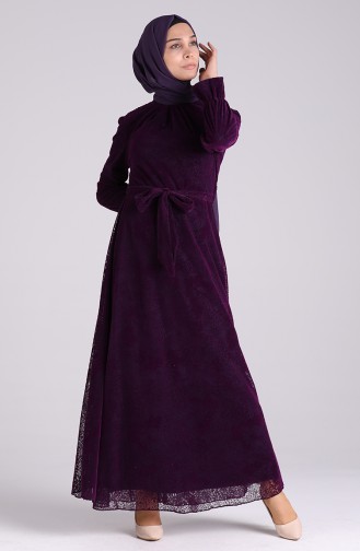 Flock Printed Evening Dress 60176-02 Dark Purple 60176-02