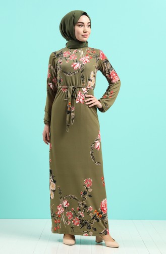 Patterned Belted Dress 0125-04 Khaki 0125-04