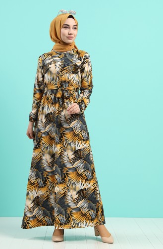 Patterned Dress with Belt 0380-01 Mustard 0380-01