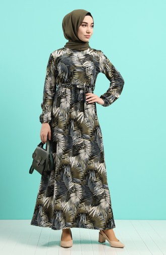 Patterned Dress with Belt 0380-02 Khaki 0380-02