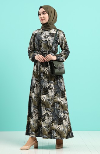 Patterned Dress with Belt 0380-02 Khaki 0380-02