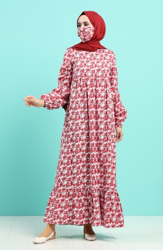 Linen Dress with Free Mask 1406-02 Ecru Burgundy 1406-02