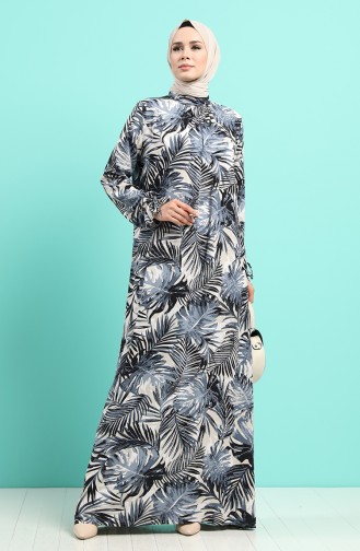 Palmiye Desenli Büzgülü Elbise 8000-07 Gri