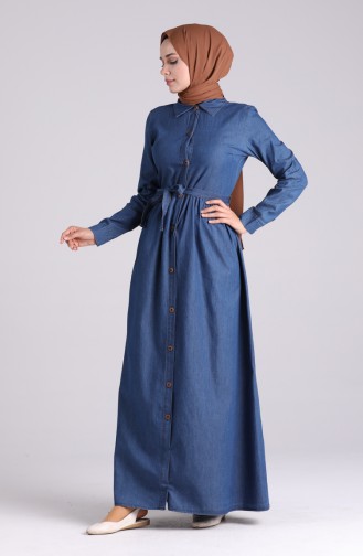 Boydan Düğmeli Kot Elbise 5006-01 Lacivert