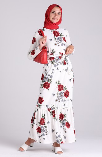 Patterned Belted Dress 4428-01 Ecru Red 4428-01