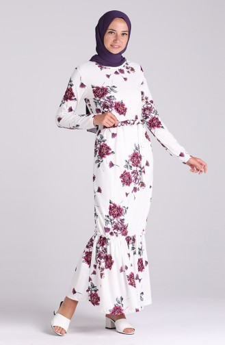 Patterned Belted Dress 4428-02 Ecru Purple 4428-02