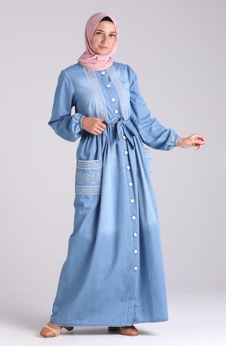 Jeansblau Hijab Kleider 7032-02