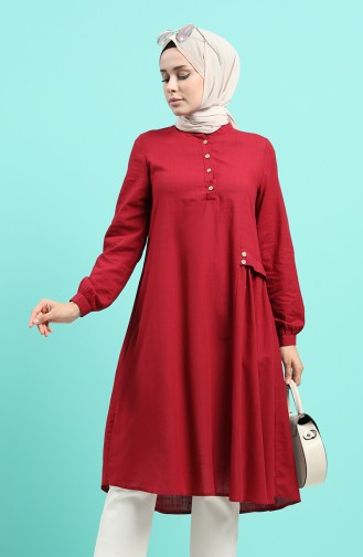 Düğmeli Pamuklu Keten Tunik 4313-05 Bordo