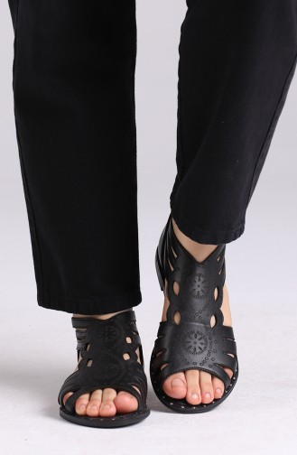 Bayan Taşlı Sandalet 0008-03 Siyah Cilt
