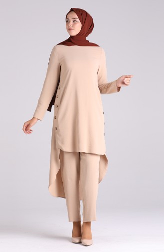 Button Detailed Tunic Trousers Double Suit 4001-04 Beige 4001-04