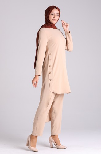 Button Detailed Tunic Trousers Double Suit 4001-04 Beige 4001-04