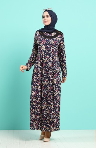 Floral Patterned Dress 4589-01 Navy Blue Purple 4589-01
