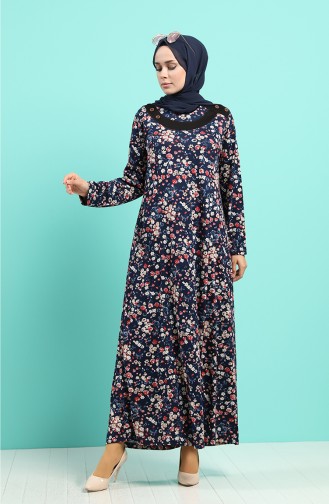 Floral Patterned Dress 4589-02 Navy Blue Burgundy 4589-02