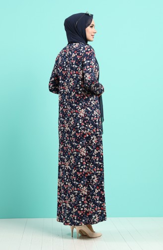Floral Patterned Dress 4589-02 Navy Blue Burgundy 4589-02