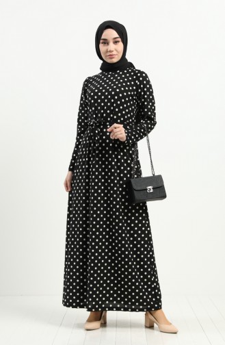 Patterned Belted Dress 5709p-01 Black 5709P-01