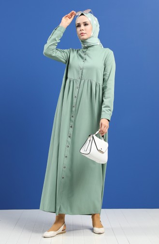 Doğal Kumaş Düğmeli Elbise 5037-20 Yeşil