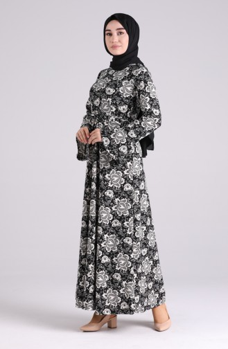 Floral-print Belted Dress 5885b-02 Black 5885B-02