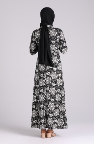 Çiçek Desenli Kuşaklı Elbise 5885B-02 Siyah