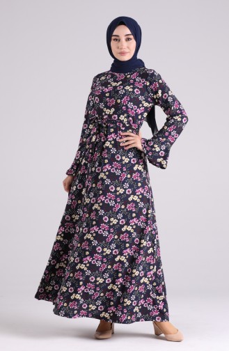 Floral Pattern Belted Dress 5885c-01 Navy Blue Purple 5885C-01