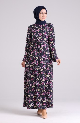 Floral Pattern Belted Dress 5885c-01 Navy Blue Purple 5885C-01