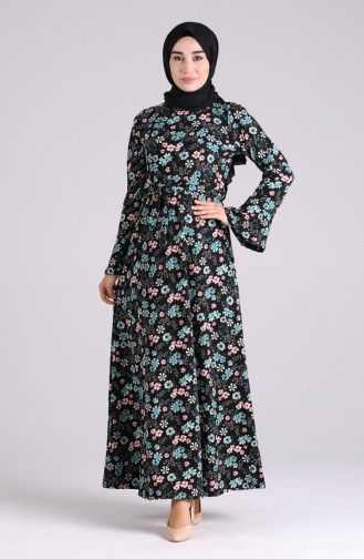 Floral Print Belted Dress 5885c-02 Black Turquoise 5885C-02