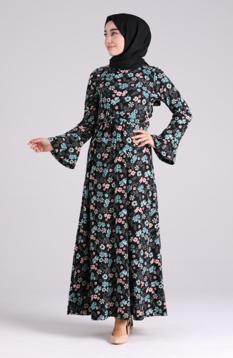 Floral Print Belted Dress 5885c-02 Black Turquoise 5885C-02