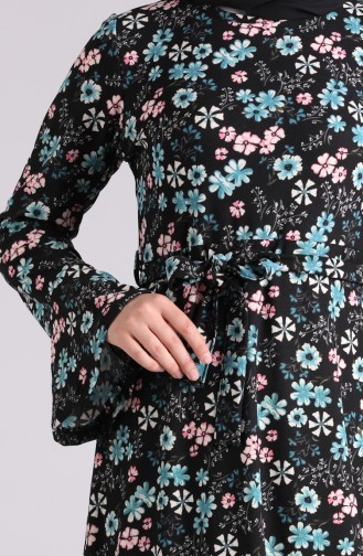 Floral Print Belted Dress 5885c-02 Black Turquoise 5885C-02