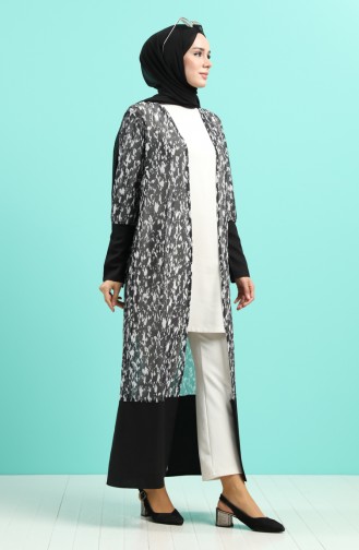 Desenli Tül Kimono 2042-01 Siyah